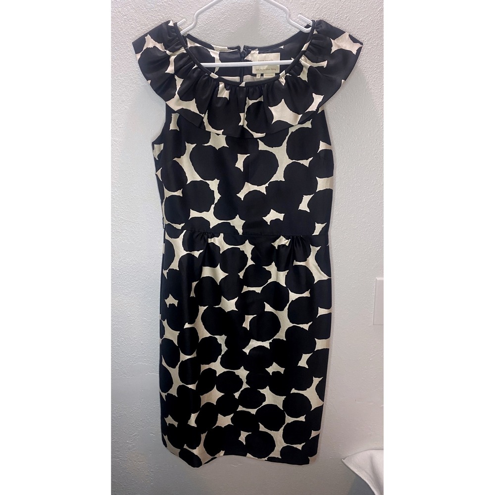 Kate Spade Dress Women 6 Black‎ Cream Ruffle Neck Polka Dot Sheath Silk Bled
